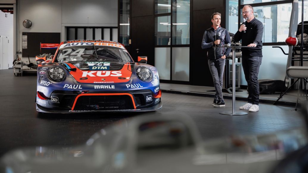 Timo Bernhard, Alexander E. Klein (l-r), 911 GT3, Porsche Museum, Stuttgart, 2023, Porsche AG